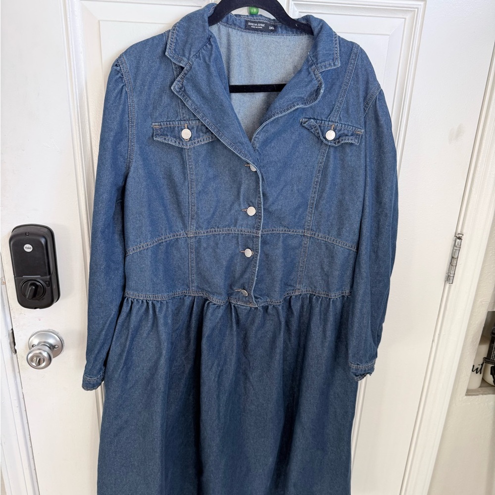 Shein Denim Button-Front Midi Dress Jacket - Blue